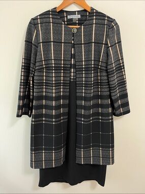 Danny & Nicole Black Beige Plaid Midi Sleeveless Dress with Long Jacket Size 12